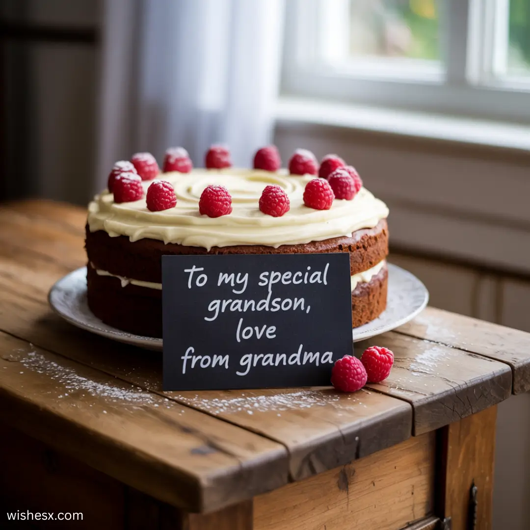 A chocolate cake with white icing and raspberries sits on a wooden table, with a card reading "Birthday Wishes for Grandson—To my special grandson, love from grandma.