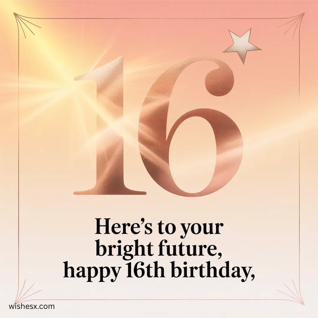 a pink and gold card with a star and numbers for happy sweet 16 birthday wishes