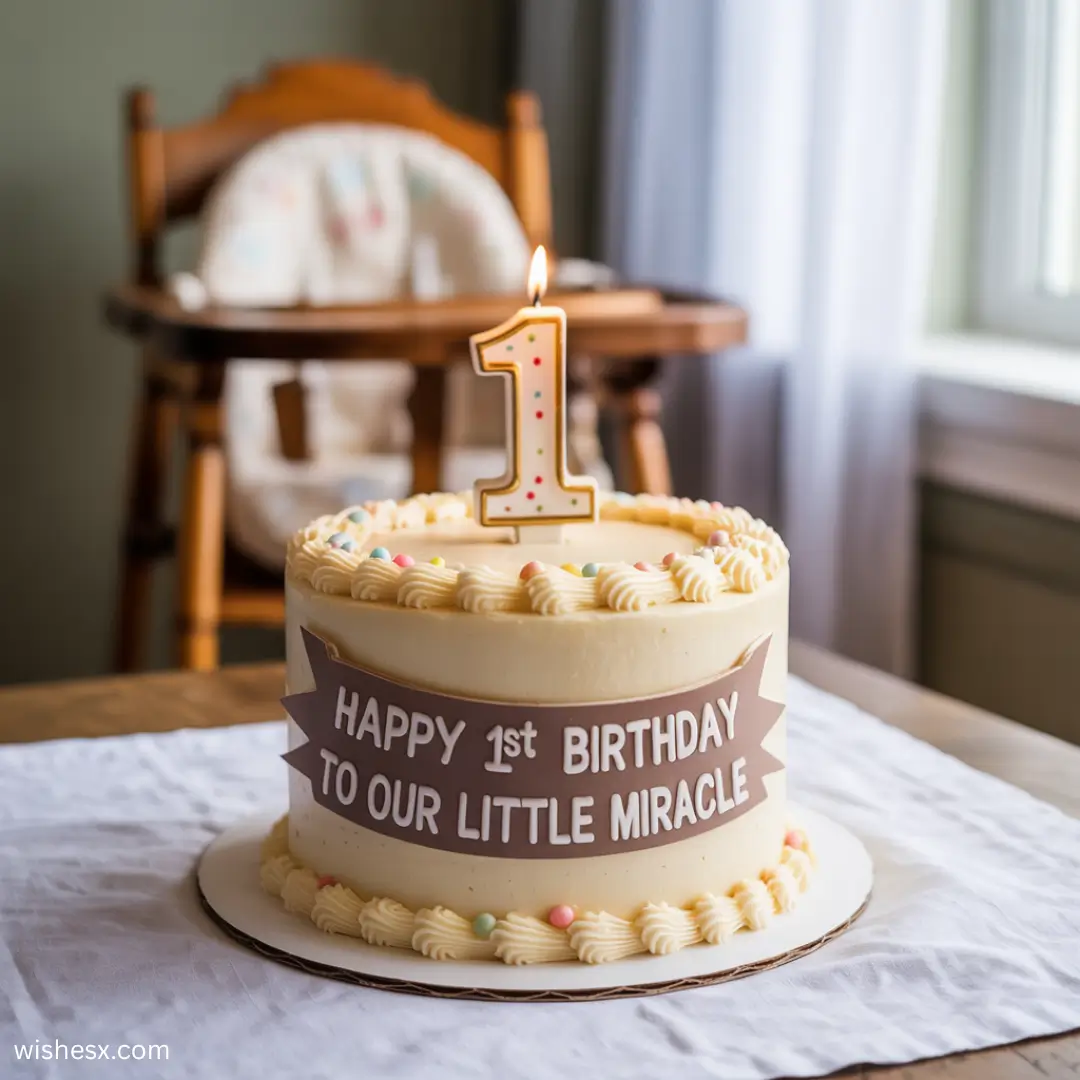 A birthday cake with a "1" candle and banner saying "Happy 1st Birthday to Our Little Miracle" sits on a table. A highchair is blurred in the background.