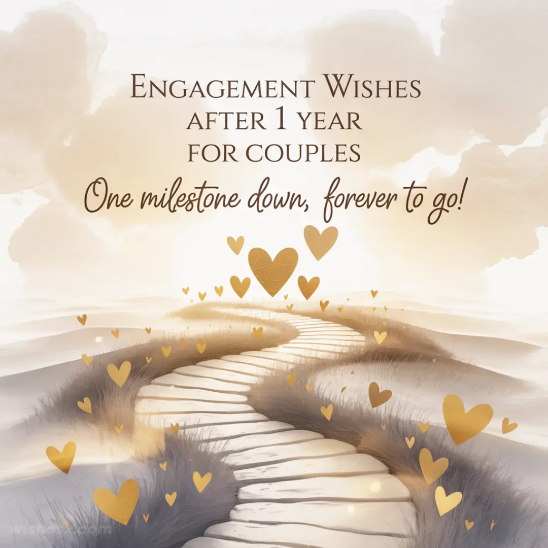 A winding path lined with grass and golden hearts leads into a sunlit horizon. Text reads "Engagement Wishes after 1 year for couples: One milestone down, forever to go!"