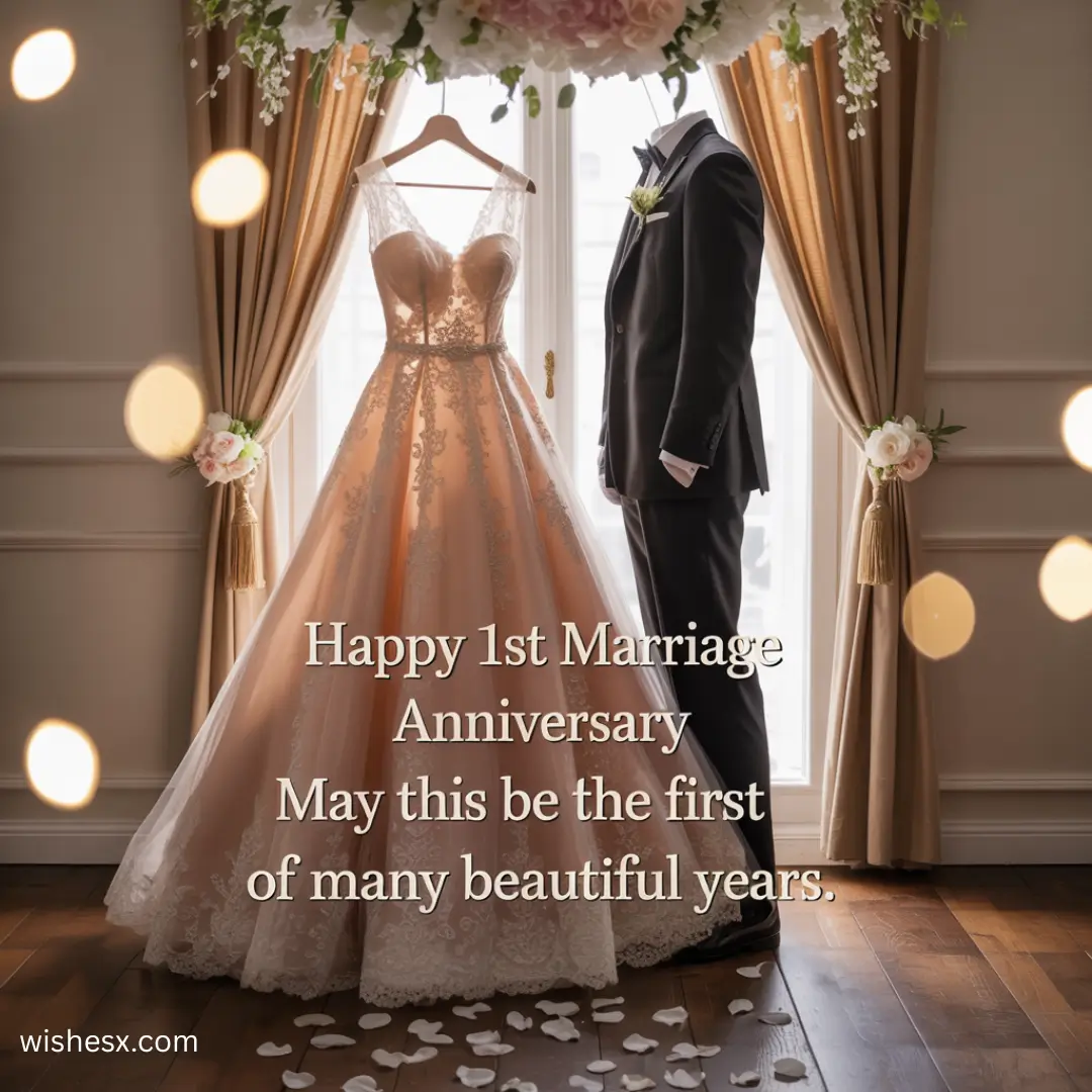 Colorful graphic with joyful text wishing a happy 1st marriage anniversary, featuring hearts and floral designs.