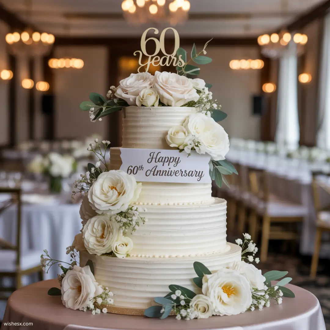  A decorated wedding cake adorned with flowers and a sign celebrating a happy 60th anniversary.