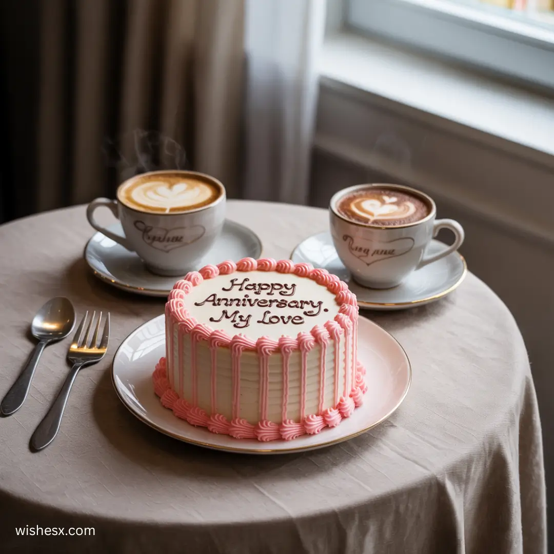 A slice of cake and two cups of coffee are placed on a wooden table, inviting a cozy coffee break.