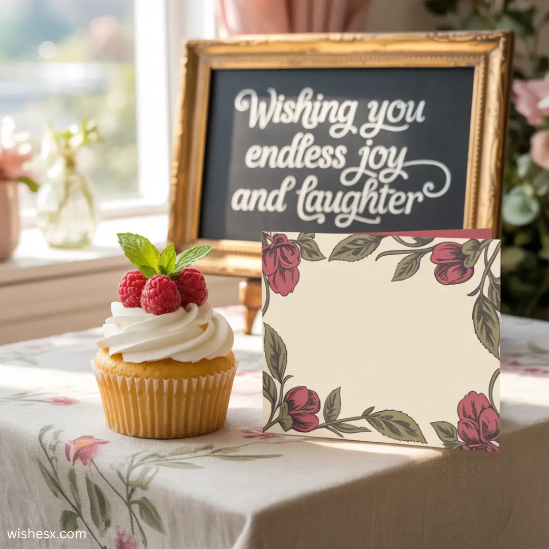 Cupcake with raspberries and mint on a floral tablecloth, beside a framed sign saying "Wishing you endless joy and laughter." Bright and cheerful setting.