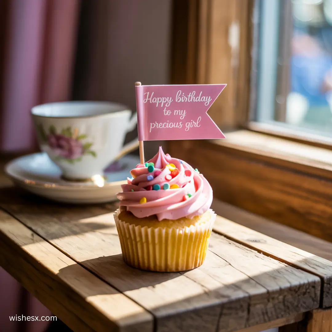 A pink frosted cupcake with colorful sprinkles sits on a wooden table by a window. A flag reads "Happy birthday to my precious girl." A teacup in the background.