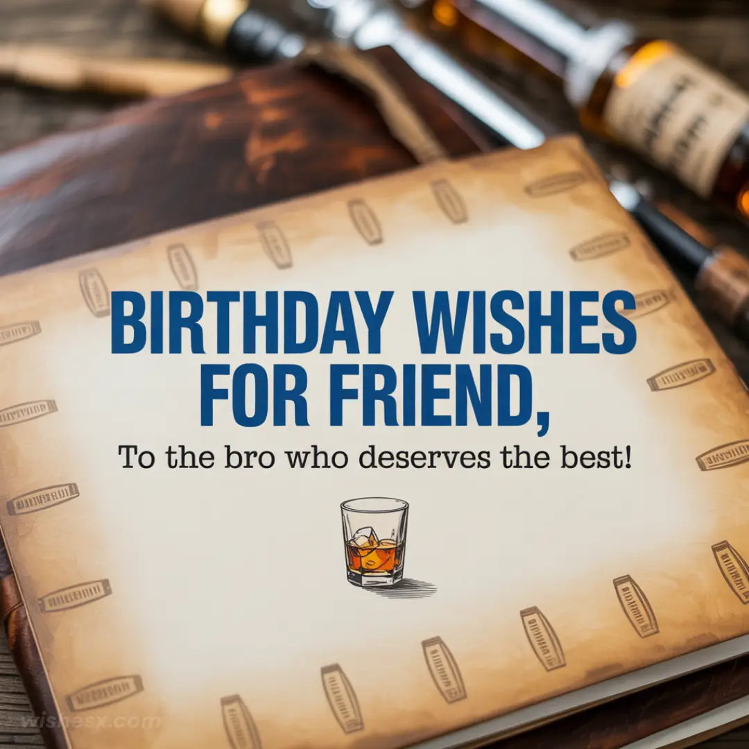 Birthday card for a friend on a wooden table with a whiskey glass illustration, surrounded by bottles. Text reads, "Birthday wishes for friend, to the bro who deserves the best!"