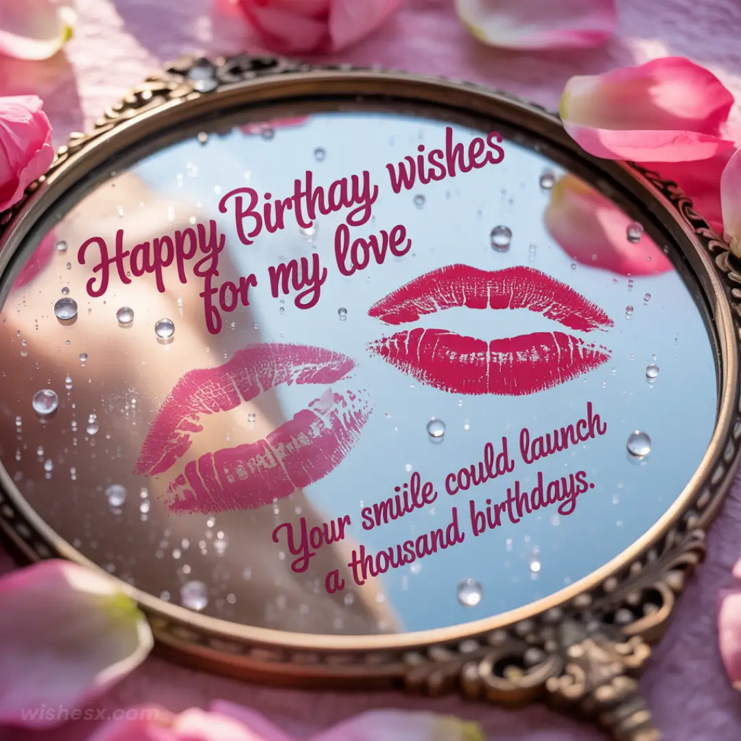 Ornate round mirror reflects a birthday message in pink text, "Happy Birthday wishes for my love," surrounded by pink lips and petals.