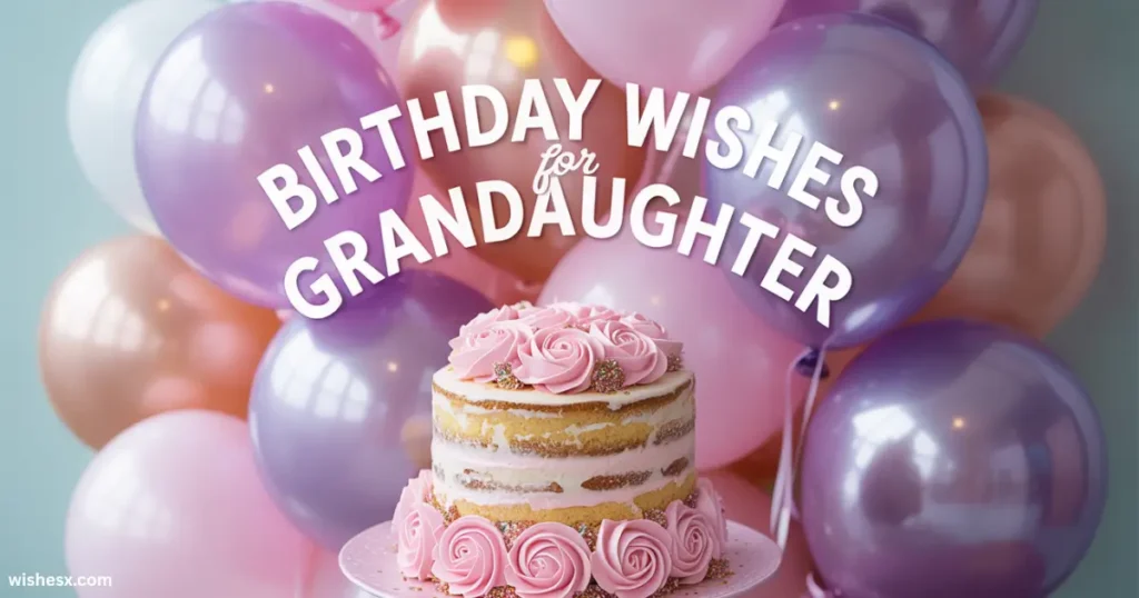 Pink and purple balloons surround a semi-naked cake with pink rose frosting. Text: "Birthday Wishes for Granddaughter" conveys a cheerful tone.