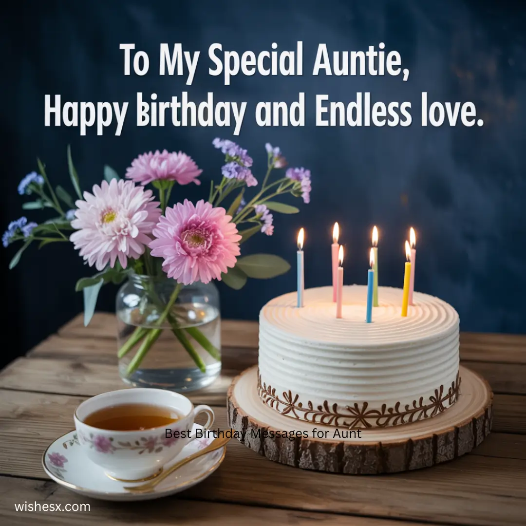 Colorful birthday card with cheerful text wishing a happy birthday to an aunt, adorned with balloons and confetti.