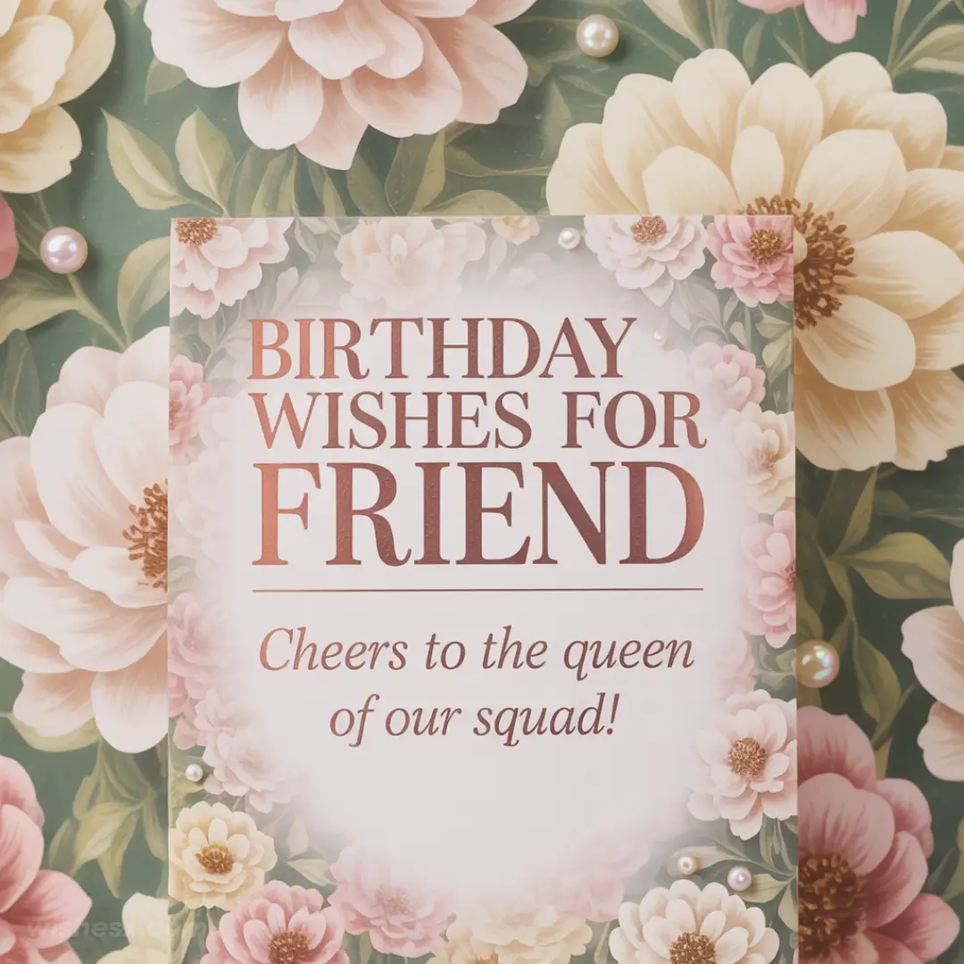 Birthday card with "Birthday Wishes for Friend" in bold, surrounded by pastel flowers on a green background. Cheerful and celebratory tone.