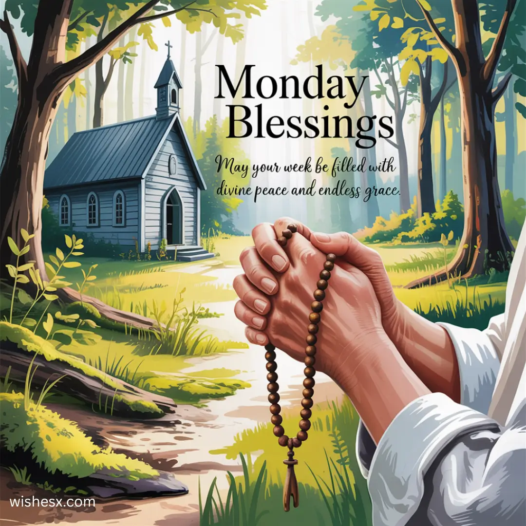 Hands holding a rosary in prayer are in the foreground. In the background, a small church is surrounded by trees. Text reads “Monday Blessings.” Tranquil and spiritual scene.