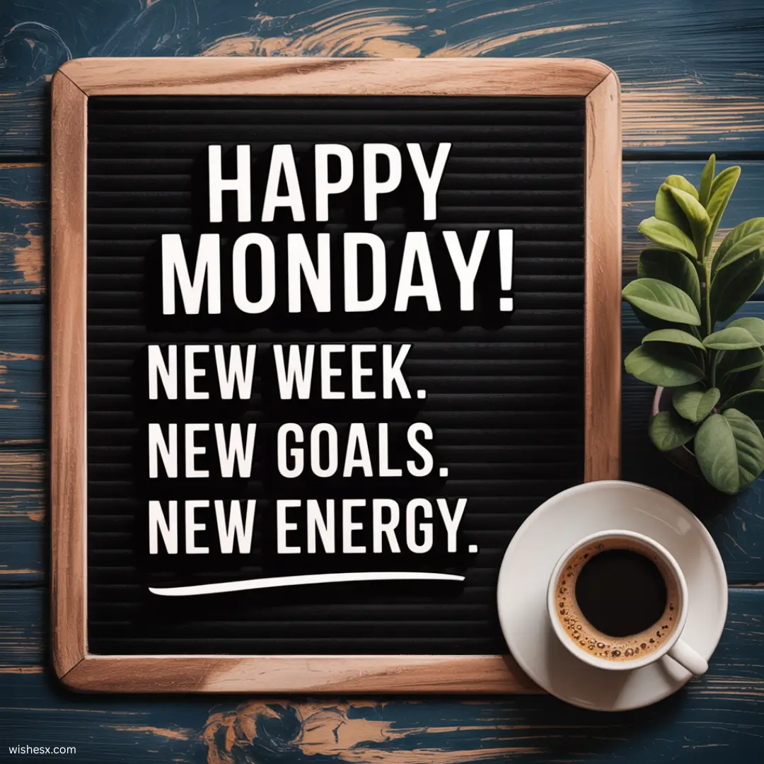 A motivational graphic with the text "Happy Monday! New week, new goals, new energy" in vibrant colors.