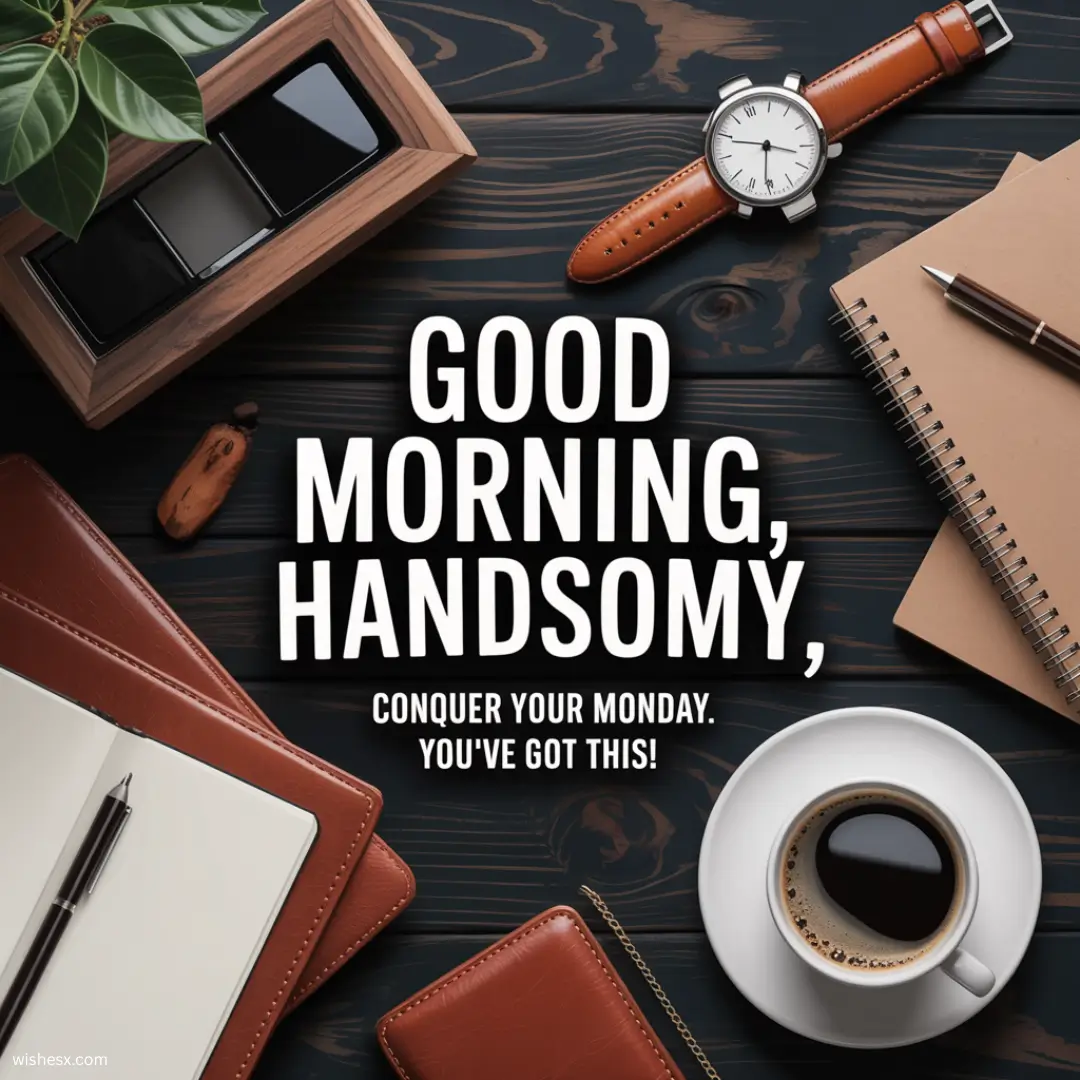  A cheerful greeting card with the text "Good morning, handsome" in elegant script on a soft pastel background.