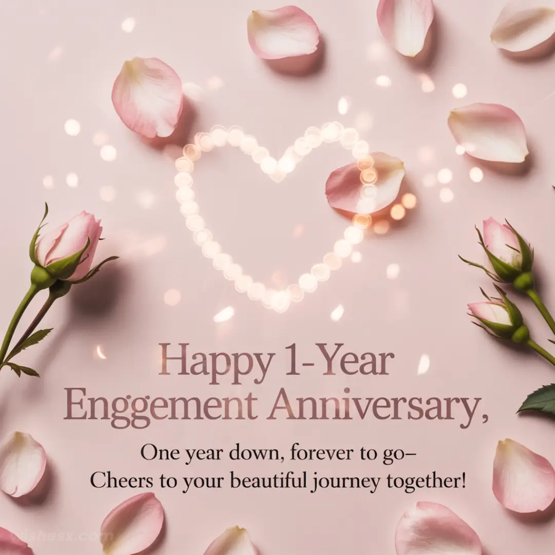 Pink roses and petals surround a glowing heart shape. Text reads, "Happy 1-Year Engagement Anniversary, one year down, forever to go—Cheers to your beautiful journey together!"