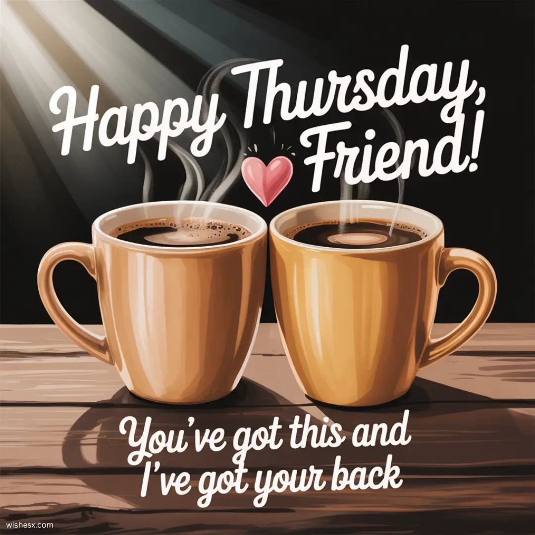 Text graphic saying "Happy Thursday, friend" with cheerful colors and a friendly font.