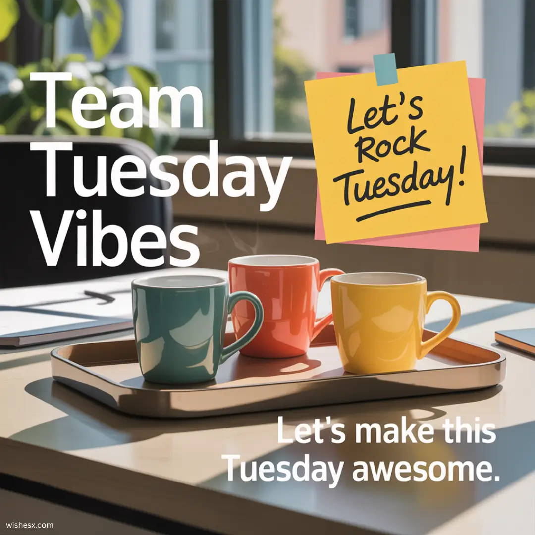 A diverse team smiling and collaborating in a bright office, embodying positive teamwork and enthusiasm for Tuesday.