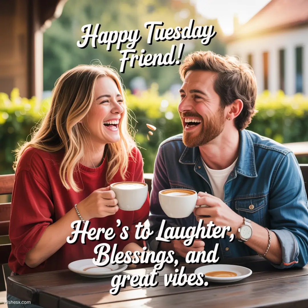 A cheerful greeting image with the text "Happy Tuesday, friend!" in bright colors and a friendly font.