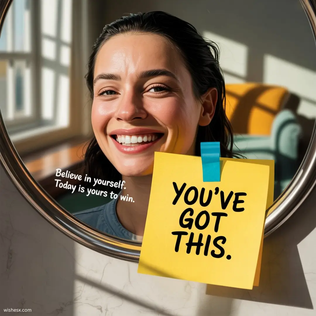 Woman smiling at her reflection in a mirror, with a motivational "You've got this" sticker visible.