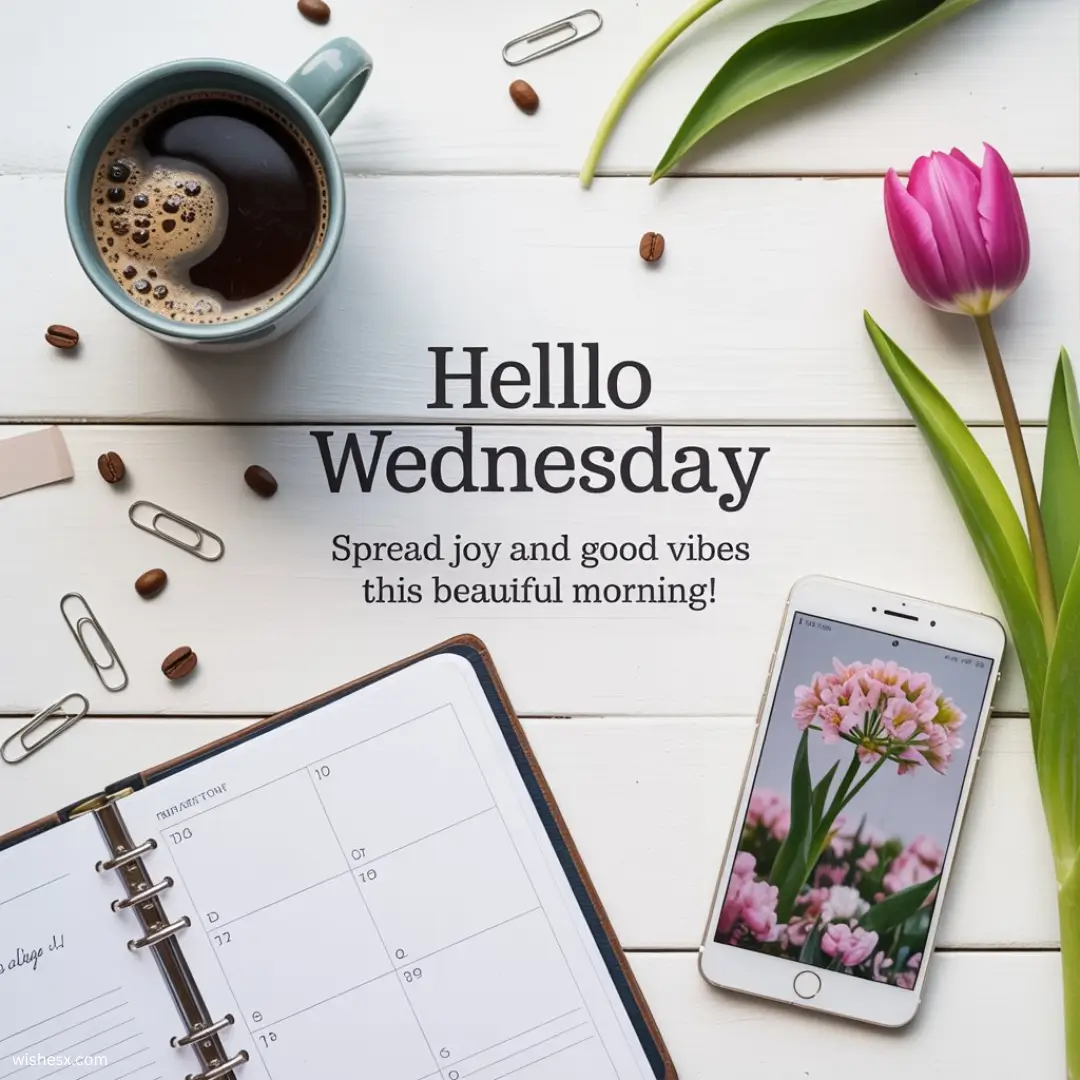 Text graphic saying "Hello Wednesday" with a cheerful design, promoting joy and positive work vibes for the morning.