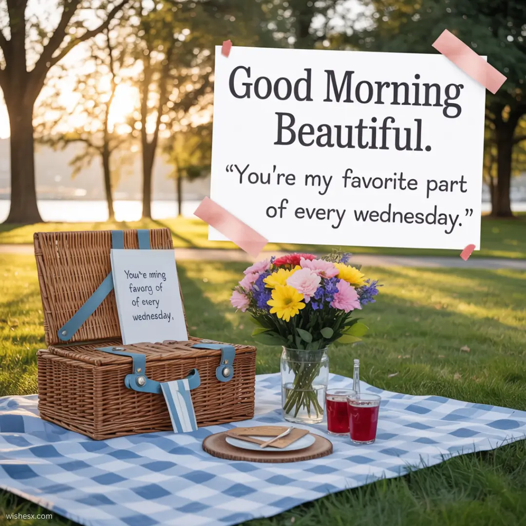 A heartfelt message saying, "Good morning beautiful, you're my favorite part of every Wednesday."