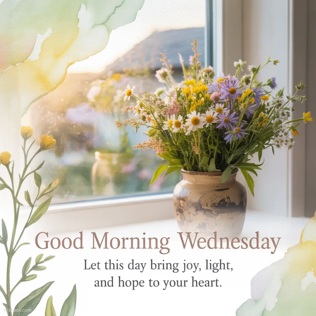 A cheerful graphic displaying the text "Good Morning Wednesday" with a bright, sunny background.