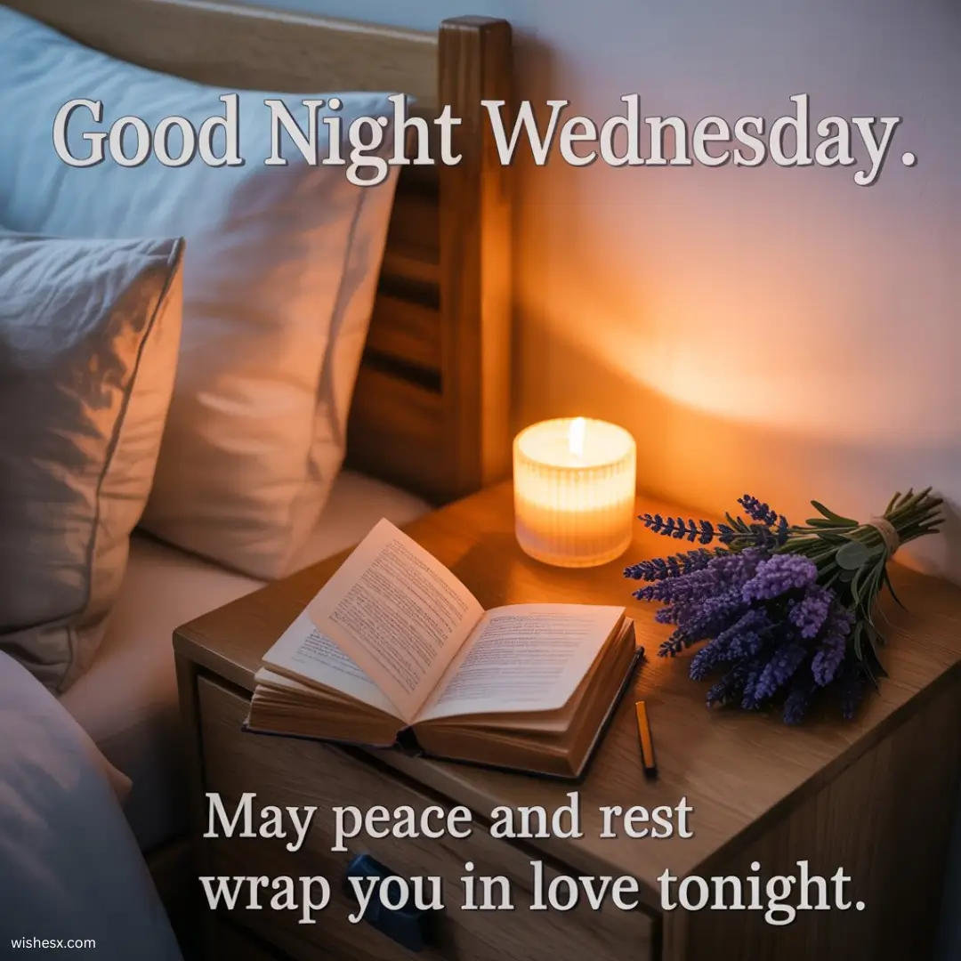  A serene night scene with text overlay wishing a good night on Wednesday, featuring stars and a calming moonlit sky.