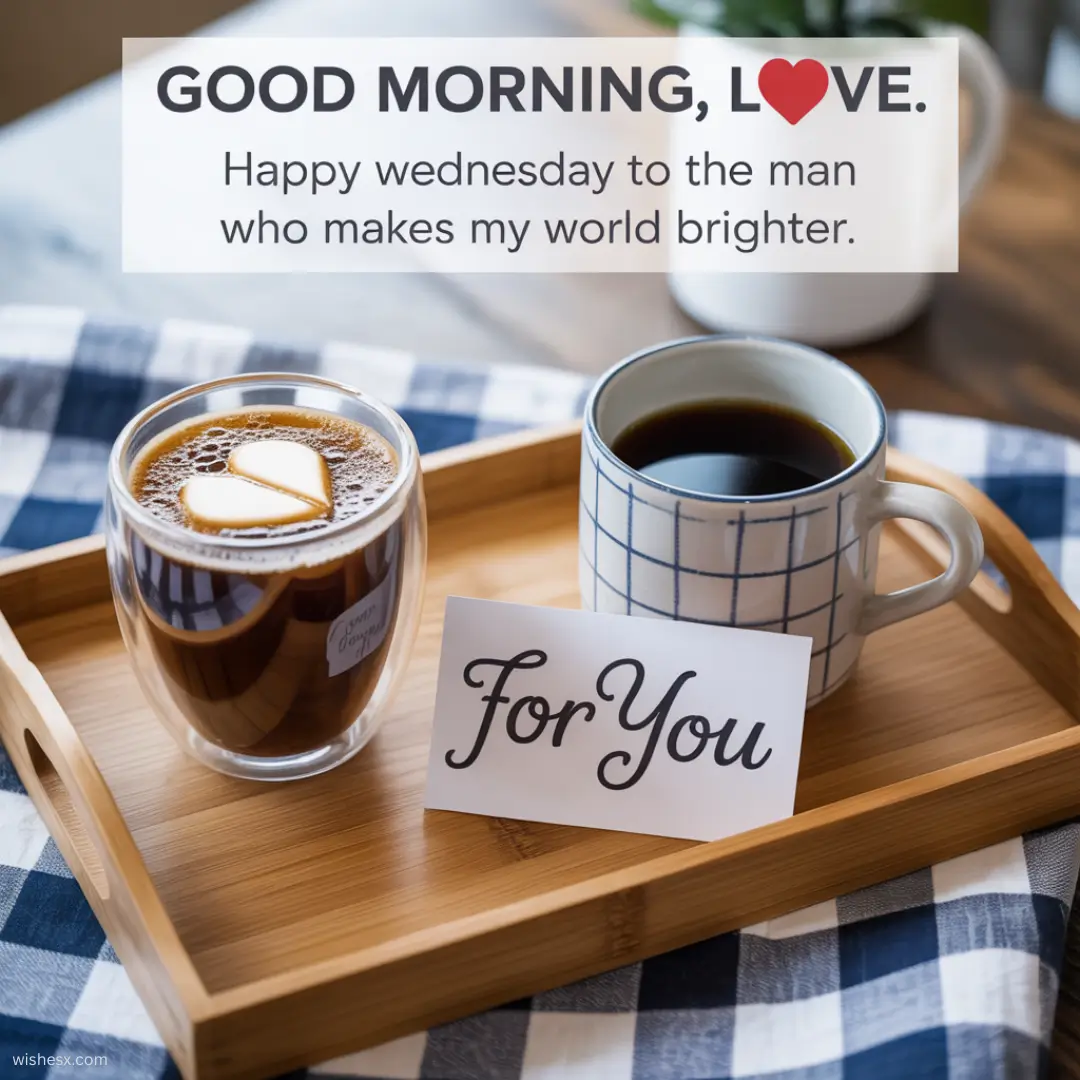 . A warm coffee cup with a heart design, accompanied by the text "Good morning love" in a cheerful font.