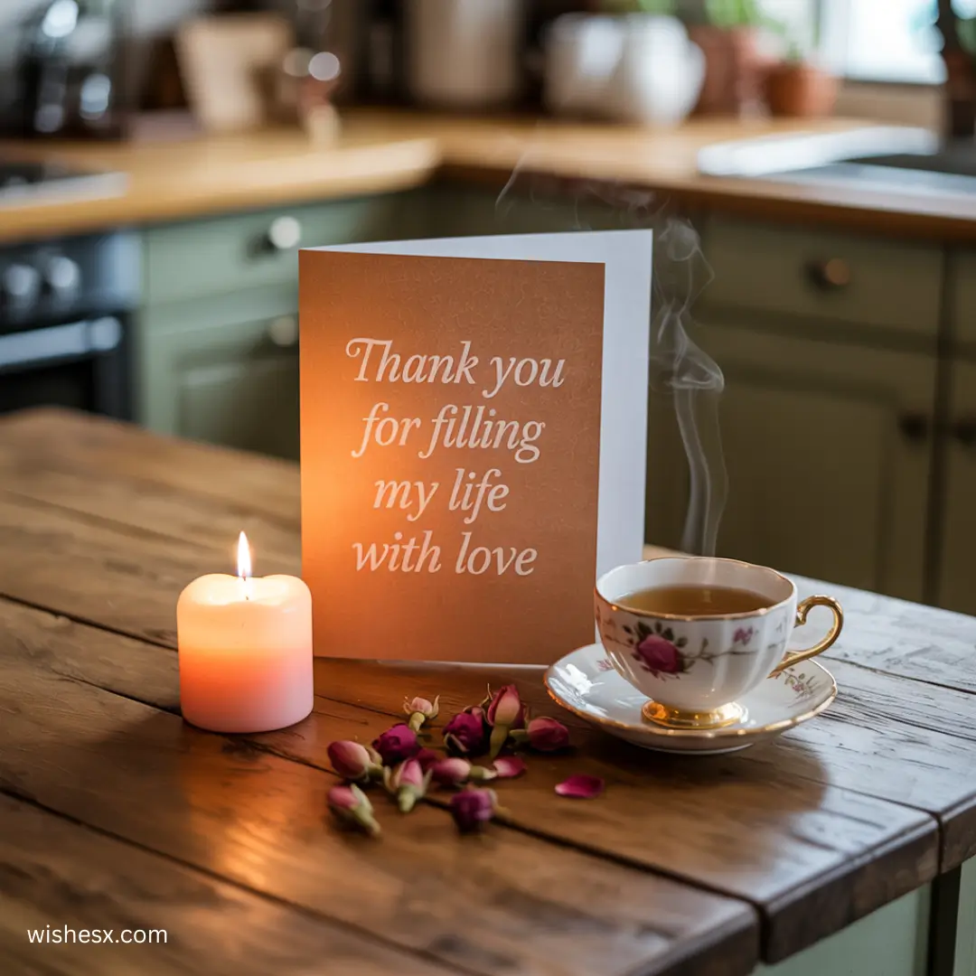Thank you card expressing gratitude for filling life with love, featuring a heart design and warm colors. 
