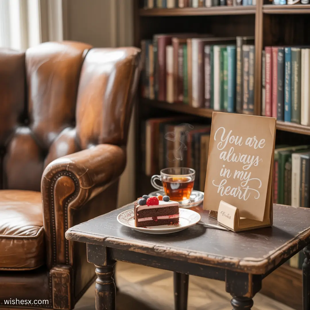 Cozy reading corner featuring a leather chair, a cup of tea, a chocolate cake slice, and a heartfelt message sign.