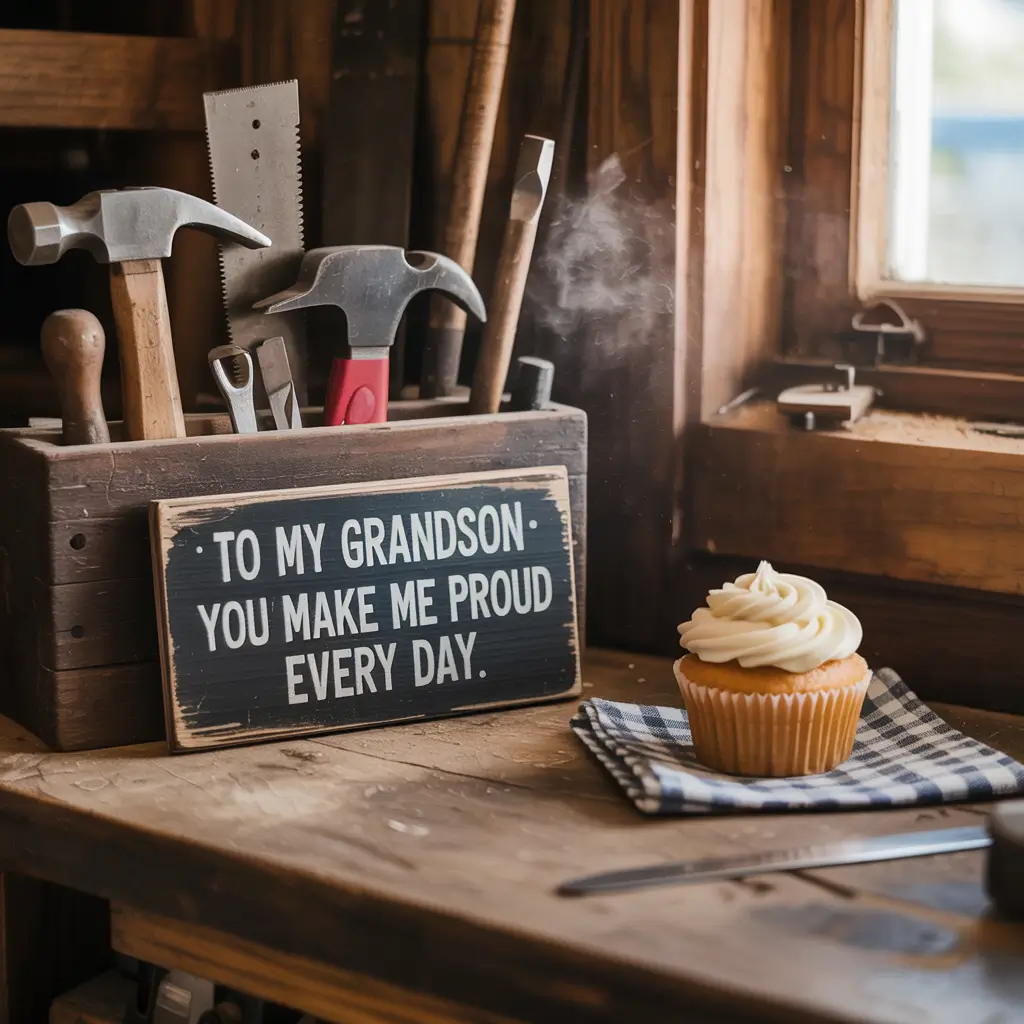 A wooden toolbox filled with tools beside a cupcake on a checkered napkin, featuring a heartfelt sign for a proud grandson.