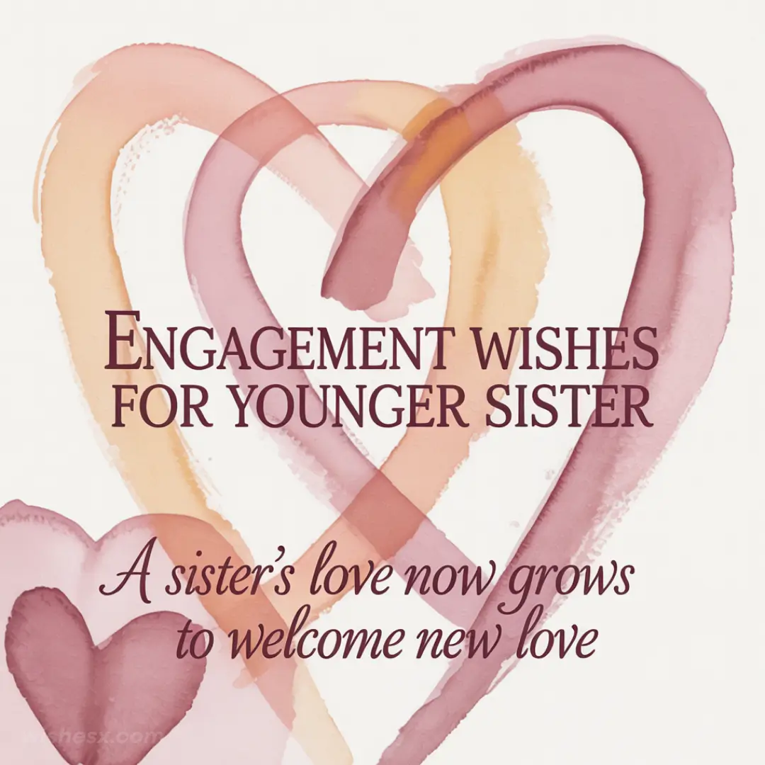 Watercolor heart shapes in pink and orange with text: "Engagement wishes for younger sister. A sister’s love now grows to welcome new love." Romantic and warm.