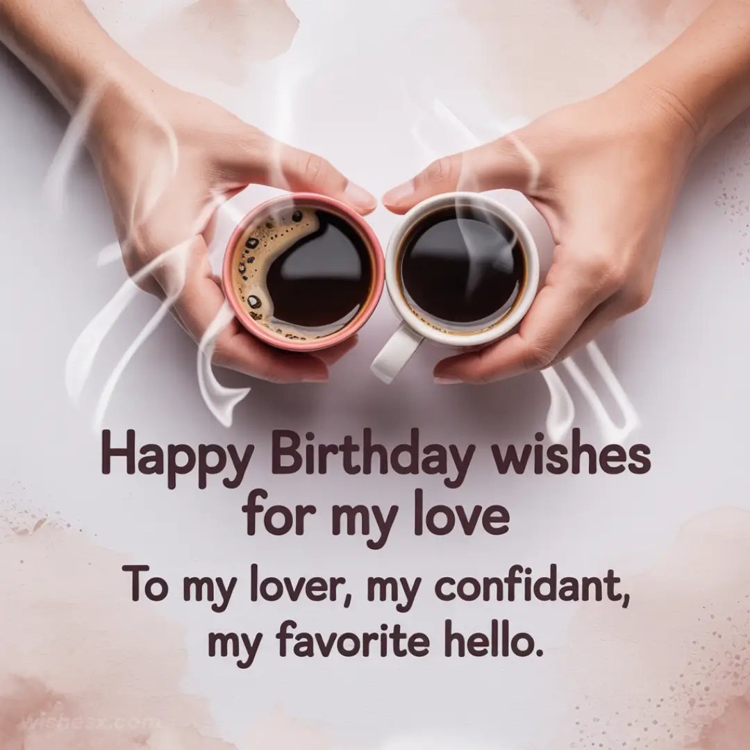 Two hands hold steaming coffee cups touching rims on a soft background. Below, a heartfelt birthday message reads, "Happy Birthday wishes for my love."