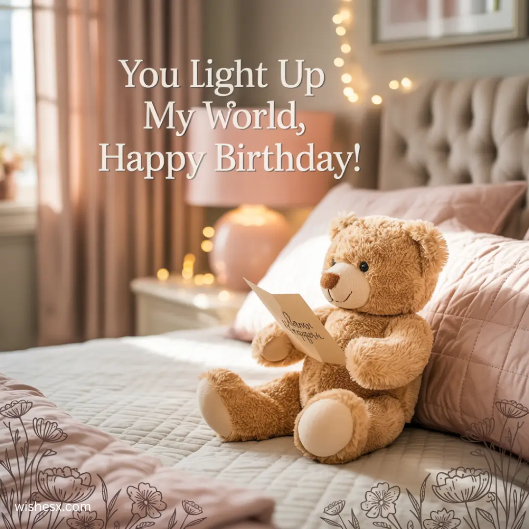 A teddy bear sits on a neatly made bed in a softly lit room, holding a card that says "You Light Up My World, Happy Birthday!" a heartwarming scene perfect for birthday wishes for your granddaughter.