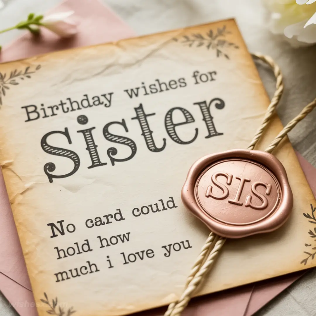 A birthday card for a sister with a heartfelt message, adorned with a rose gold wax seal stamped "SIS." The tone is warm and affectionate.
