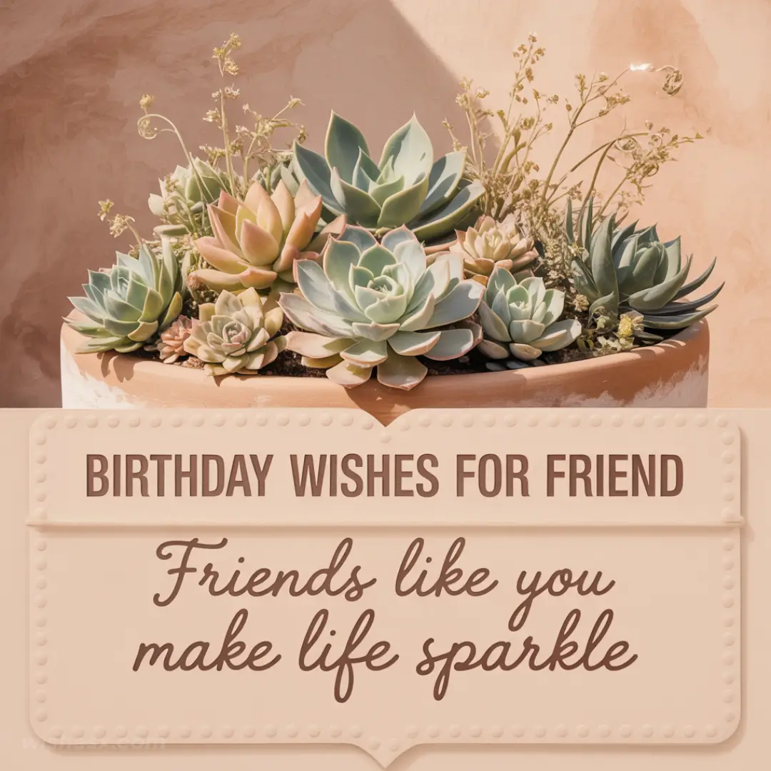 Succulent arrangement in a pot with "Birthday Wishes for Friend" text above, and "Friends like you make life sparkle" below, on a beige background.