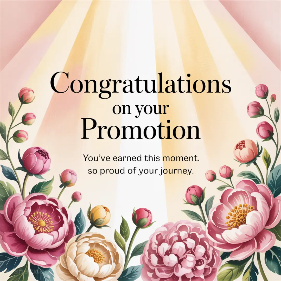 Congratulations card featuring elegant pink and white peonies with green leaves. Soft golden rays shine behind bold text: "Congratulations on your Promotion."