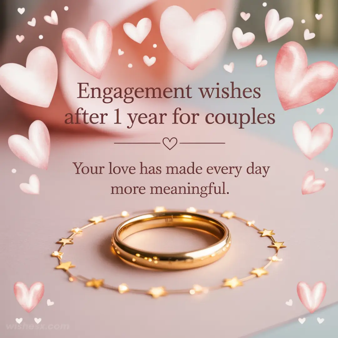 Engagement wishes message with pink hearts surrounding a gold ring on a soft surface. Tone: romantic, celebrating one-year of love and meaning.