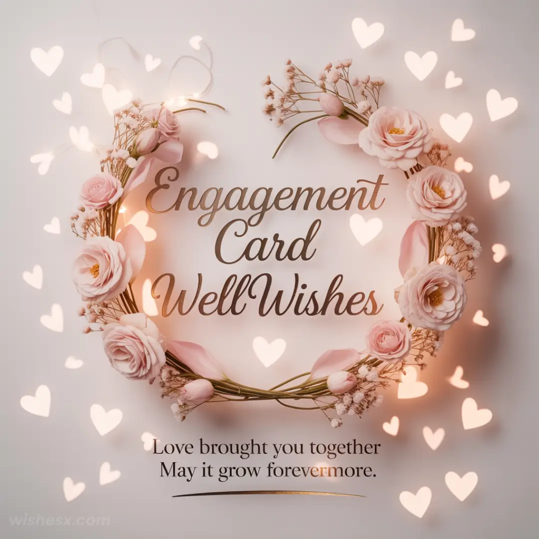 A delicate wreath of pink roses and greenery encircles the words "Engagement Card Well Wishes." Soft heart-shaped lights surround the message.