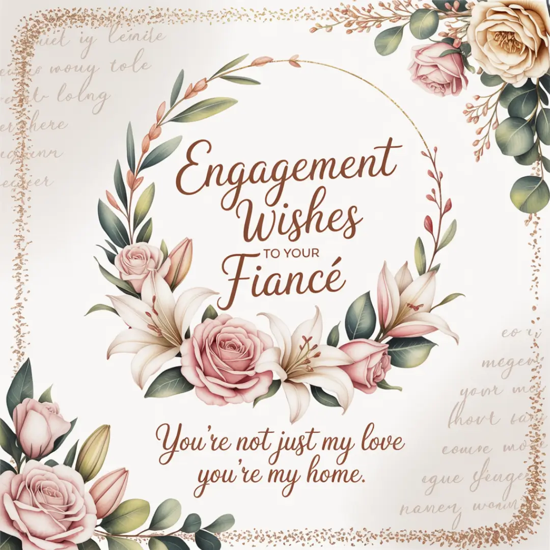 Elegant floral frame with roses and lilies encircles the message "Engagement Wishes to Your Fiancé." Sentiment reads, "You're not just my love, you're my home."