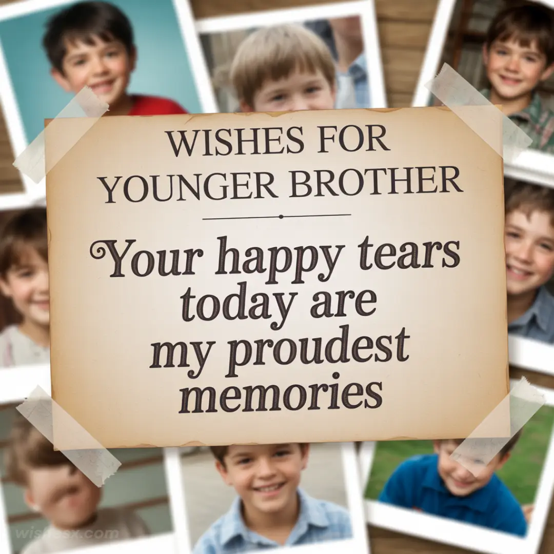 A heartfelt note taped over scattered childhood photos reads, "Wishes for younger brother: Your happy tears today are my proudest memories," conveying love and nostalgia.