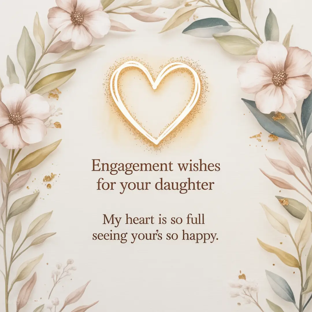 Elegant engagement card featuring a heart illustration, soft pink flowers, and green leaves framing heartfelt wishes for a daughter. Warm, joyful tone.