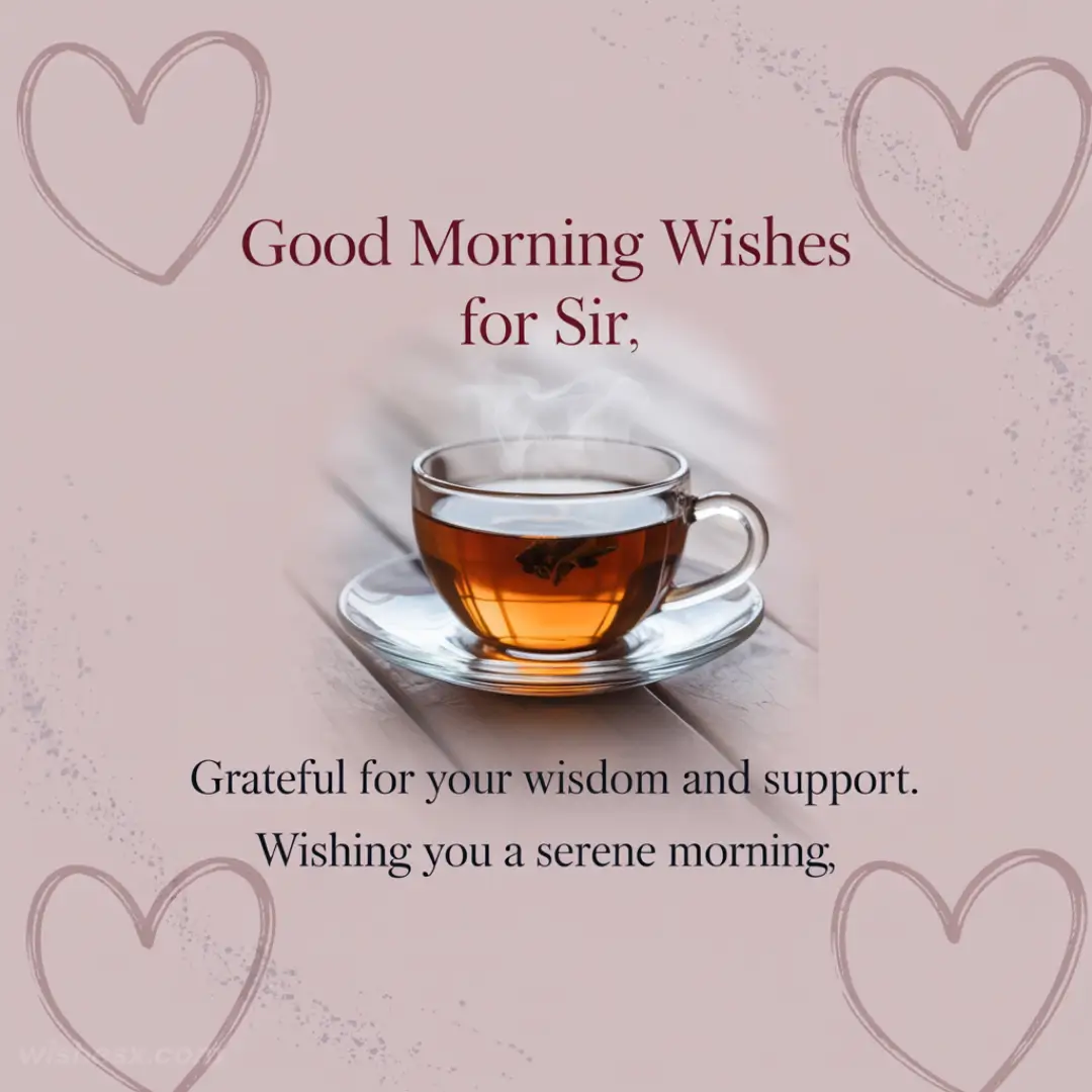 A steaming cup of tea in a glass set on a wooden table. Text: "Good Morning Wishes for Sir." Background has heart sketches. Warm, appreciative tone.