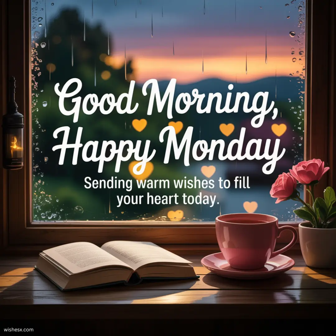 A cheerful greeting image with the text "Good morning, happy Monday" in bright colors against a sunny background.