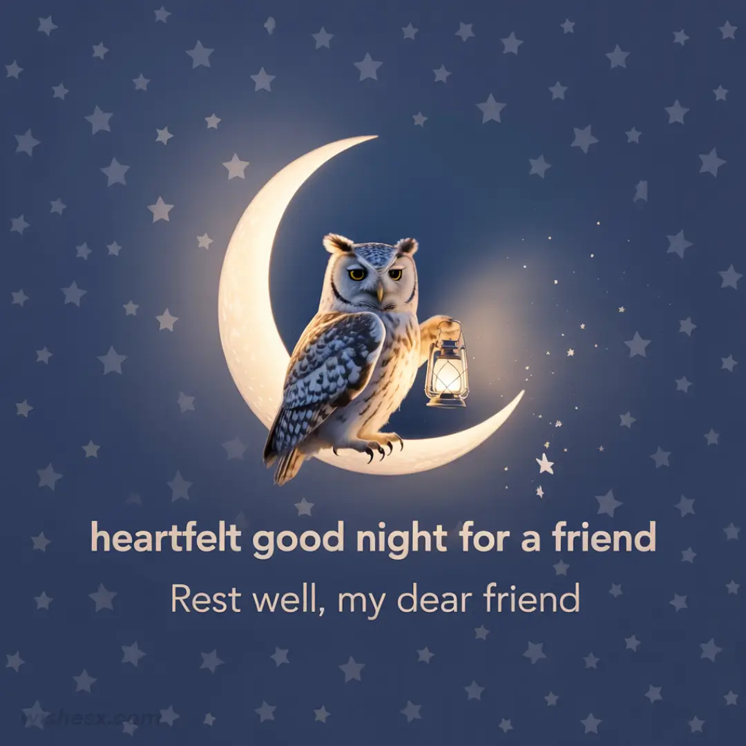  A serene night scene with a starry sky, wishing a friend a peaceful good night.