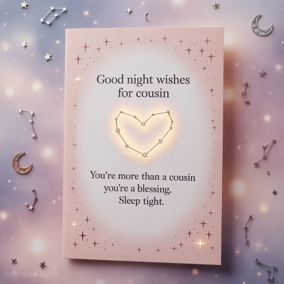 Greeting card with a glowing starry heart and the message, "Good night wishes for cousin. You’re more than a cousin, you’re a blessing. Sleep tight." The background shows star and moon decorations, creating a dreamy, night sky atmosphere.