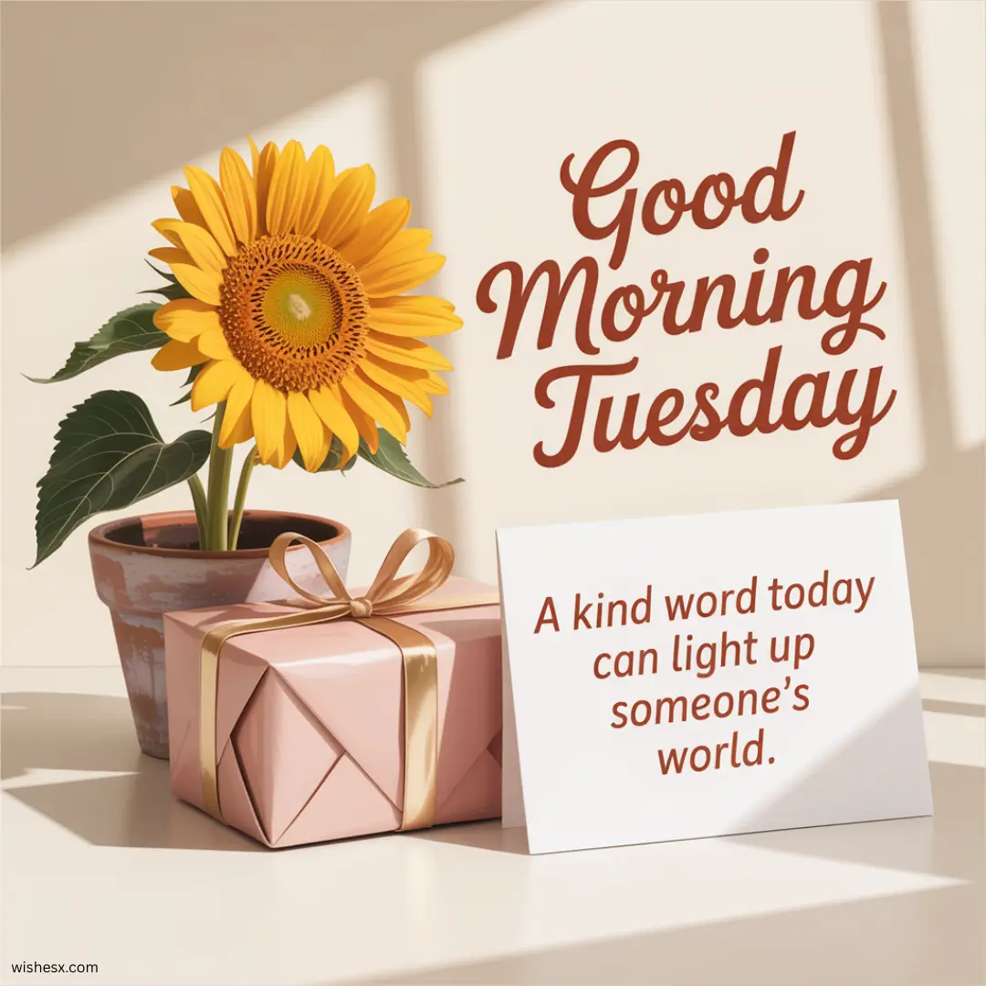A cheerful graphic wishing a good morning on Tuesday, featuring bright colors and uplifting text.