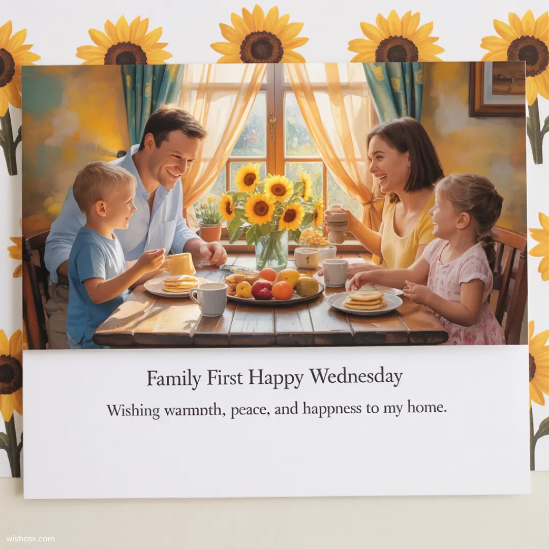 A cheerful card featuring the phrase "Family First" with a bright Wednesday theme, surrounded by colorful graphics.