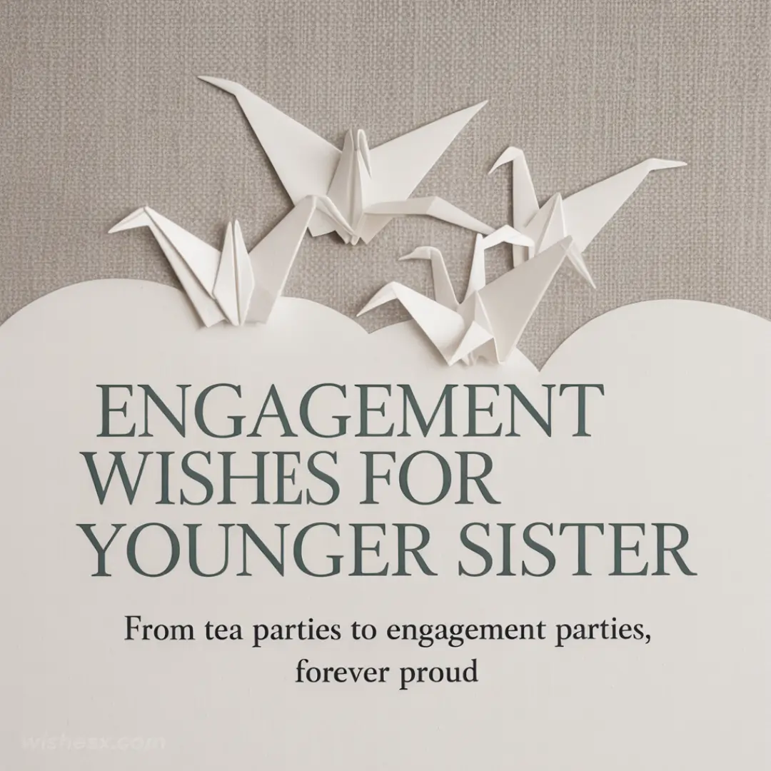 Origami cranes on pastel background with text: “Engagement Wishes for Younger Sister. From tea parties to engagement parties, forever proud.” Elegant and heartfelt.