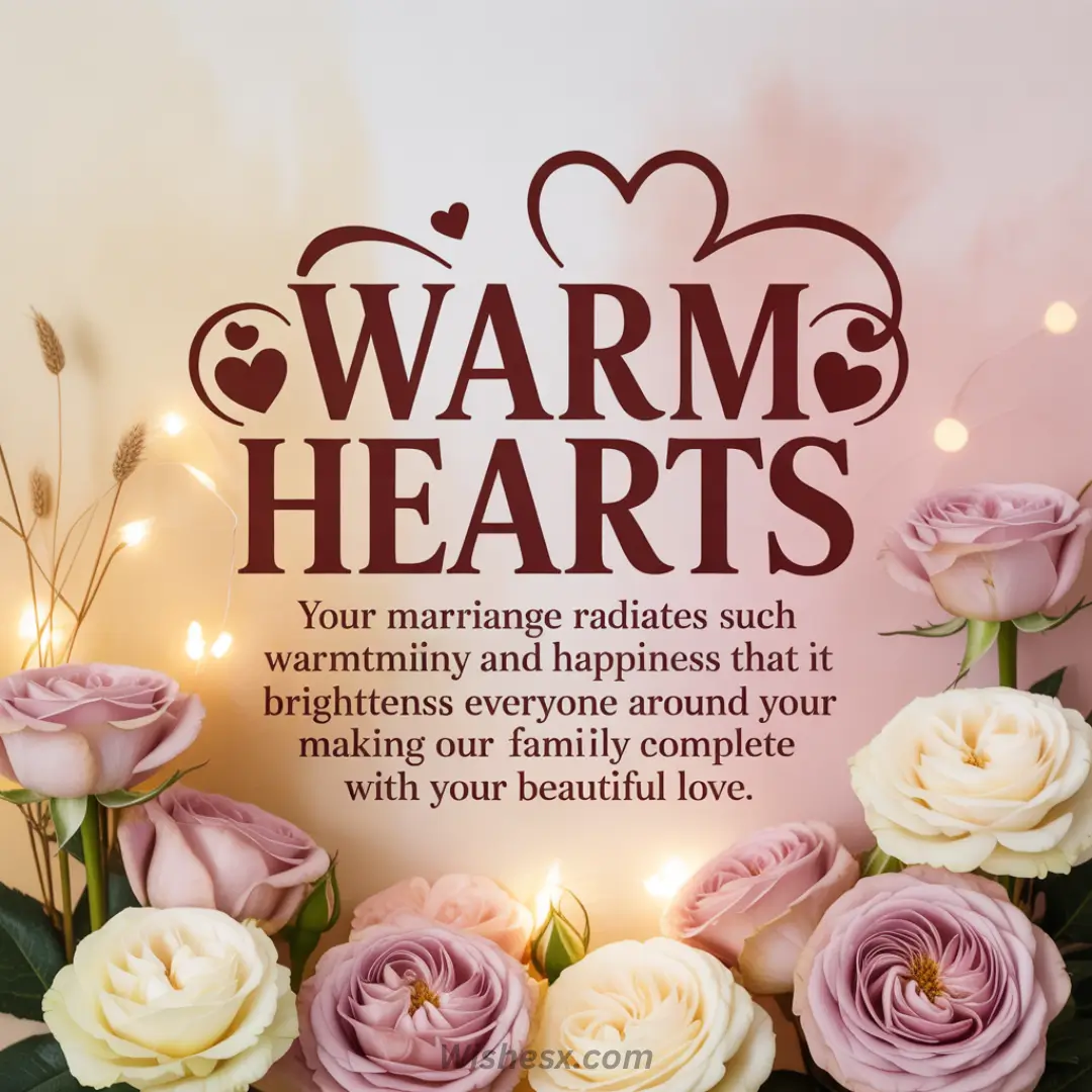 A floral arrangement features roses and a warm glow surrounding the text "Warm Hearts." A message conveys love, happiness, and family unity. Romantic and heartfelt.