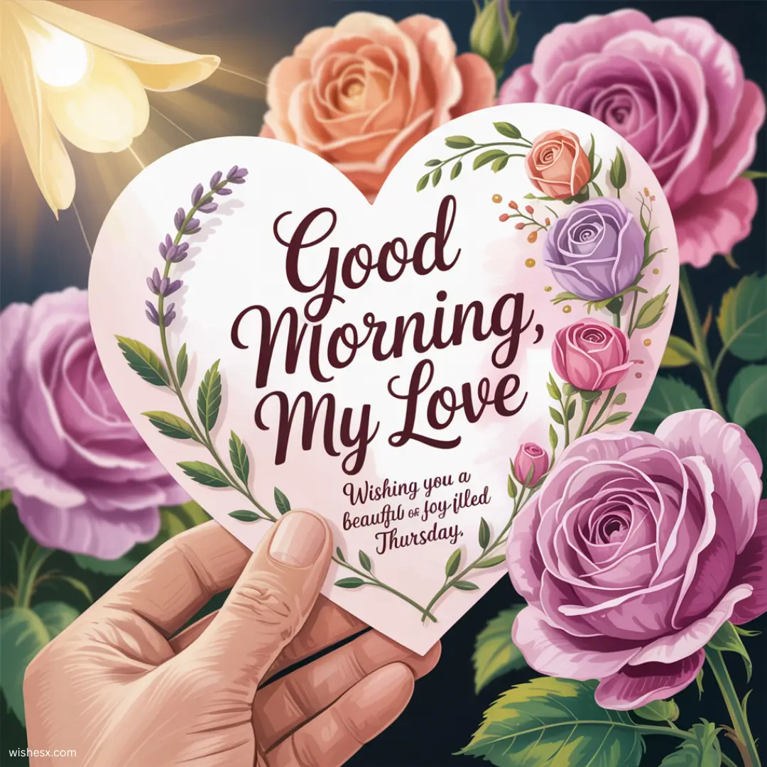 A warm morning greeting with the text "Good morning my love" in elegant script against a soft sunrise background.